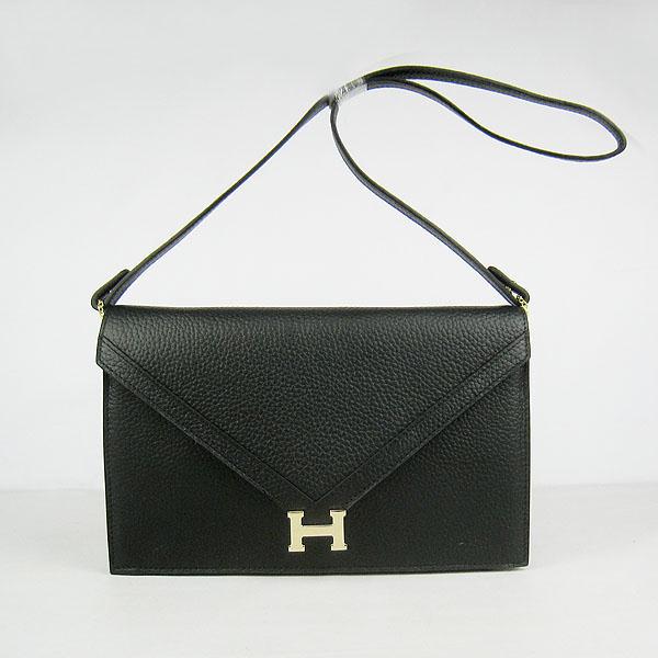 Hermes Togo Leather Message Bag Black With Gold Hardware H021 Handbag